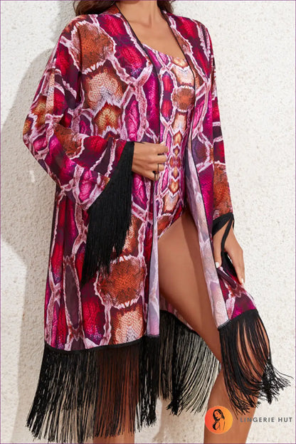 Snakeskin Bikini & Tassel Blouse Set - Effortless Summer Escape - Animal • Beachwear • Boho • Cover Up - Lingerie Hut