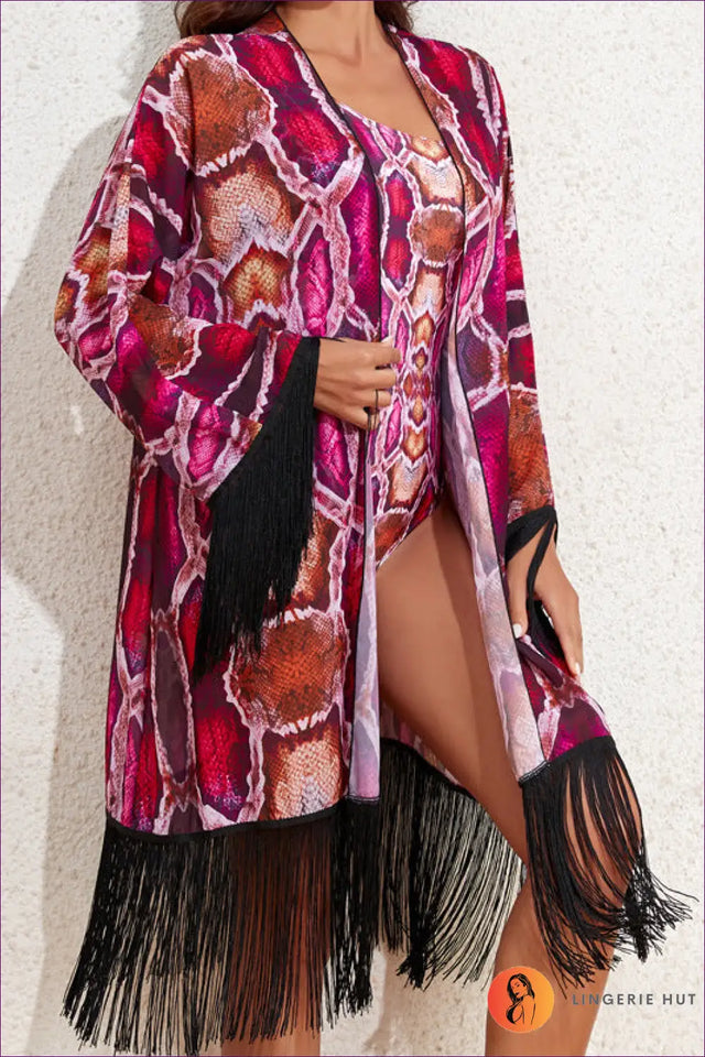 Snakeskin Bikini & Tassel Blouse Set - Effortless Summer Escape