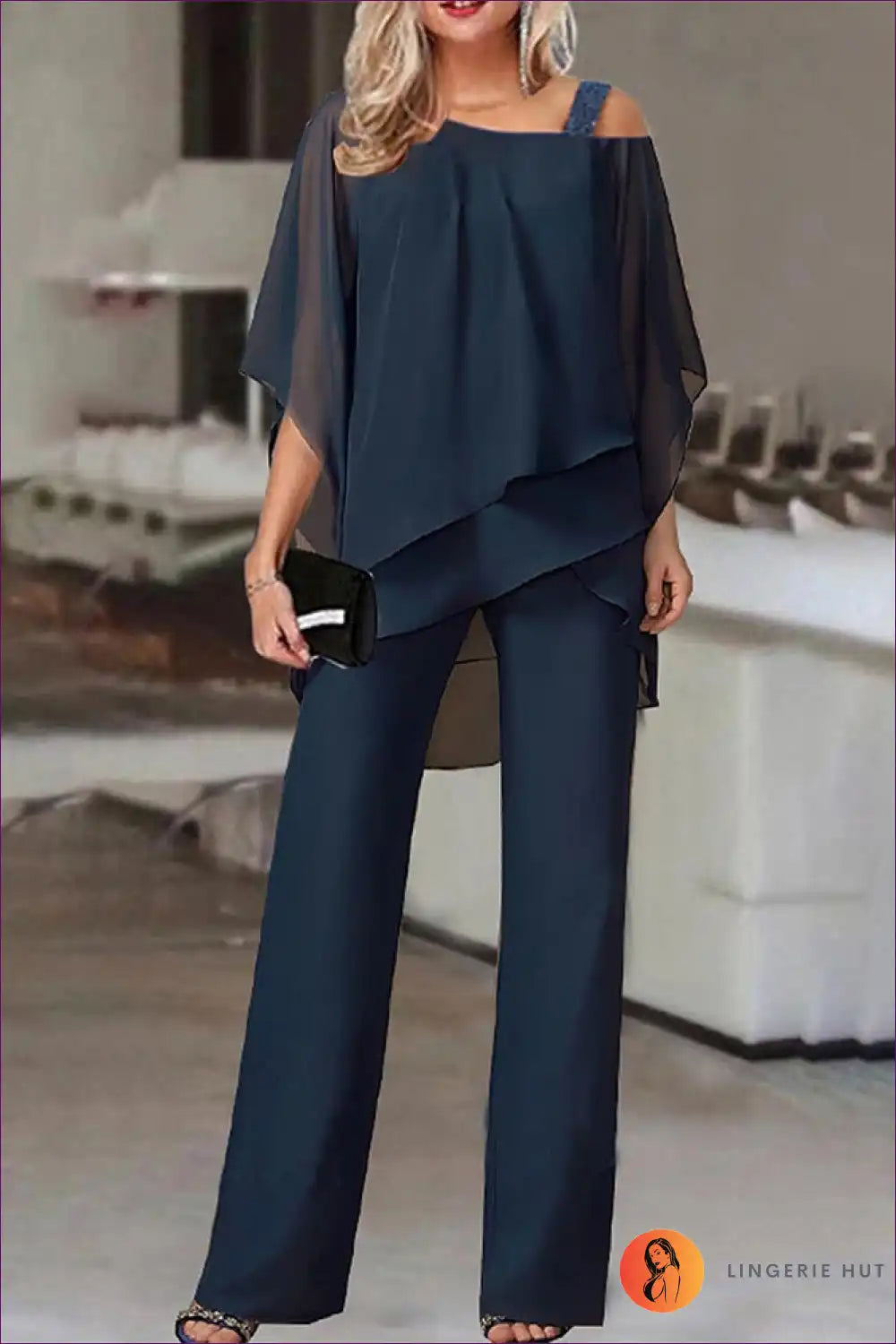 Unveil Your Elegance With Lingerie Hut’s Solid Chiffon, Asymmetric Cutout, All-season Jumpsuit. Versatile