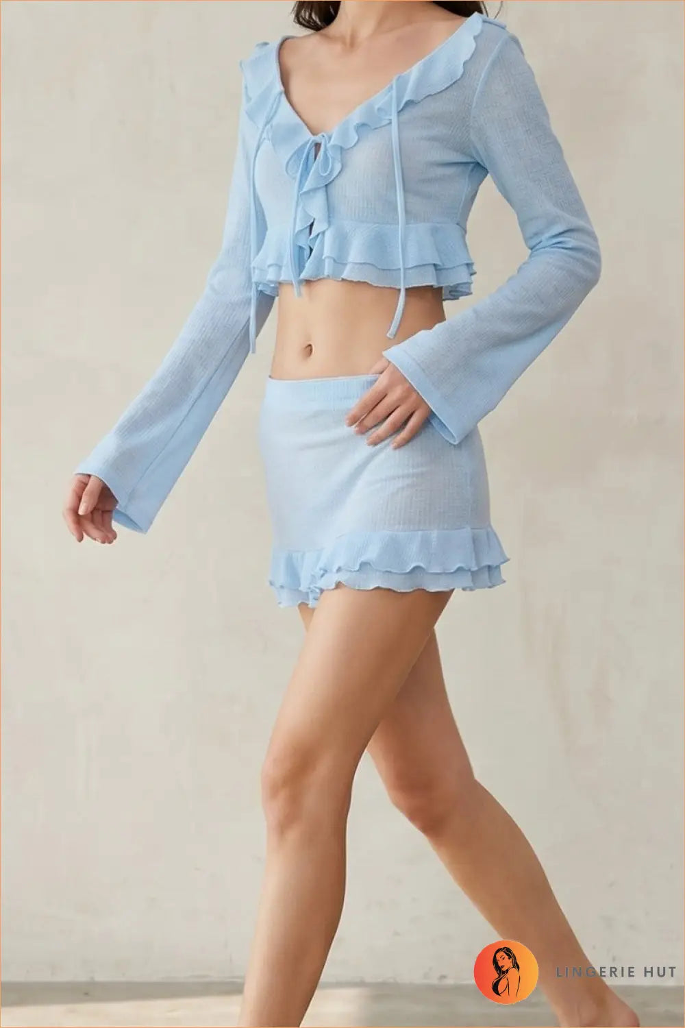 Blue Knit Beach Set with Ruffle Tie Top - Holiday Ease - Cover Up - Beachwear • Boho • Casual • co Ord • Lingerie Hut