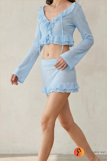 Blue Knit Beach Set with Ruffle Tie Top - Holiday Ease - Cover Up - Beachwear • Boho • Casual • co Ord • Lingerie Hut