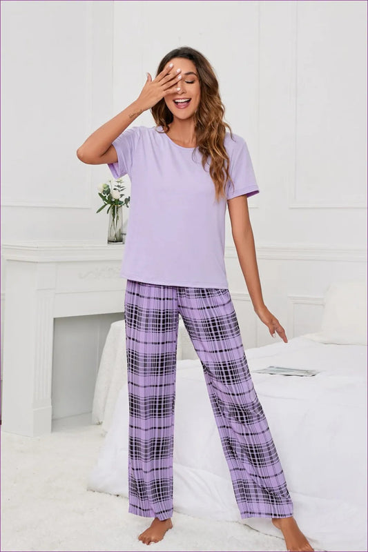 Embrace The Summer Vibes With Our Solid-colour T-print Checks Pyjama Set. This Loungewear Set, Featuring