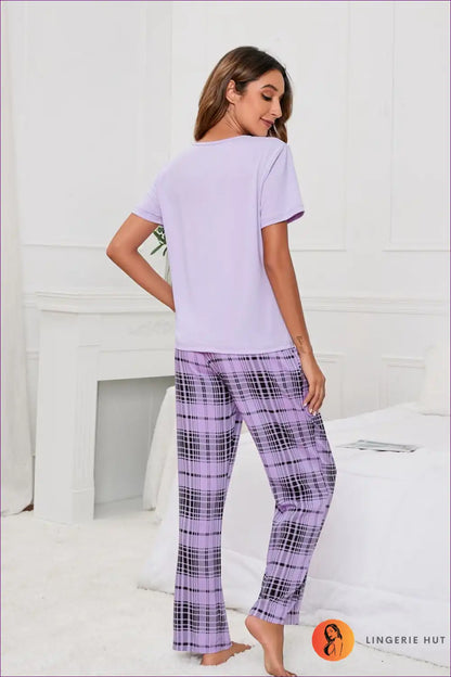 Embrace The Summer Vibes With Our Solid-colour T-print Checks Pyjama Set. This Loungewear Set, Featuring