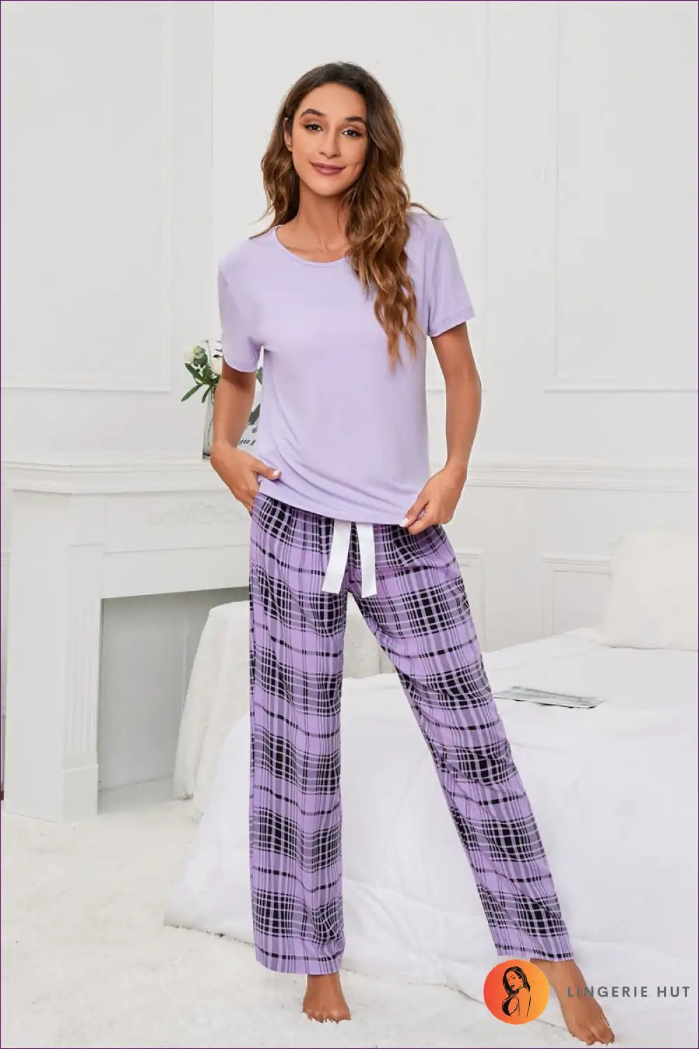 Embrace The Summer Vibes With Our Solid-colour T-print Checks Pyjama Set. This Loungewear Set, Featuring