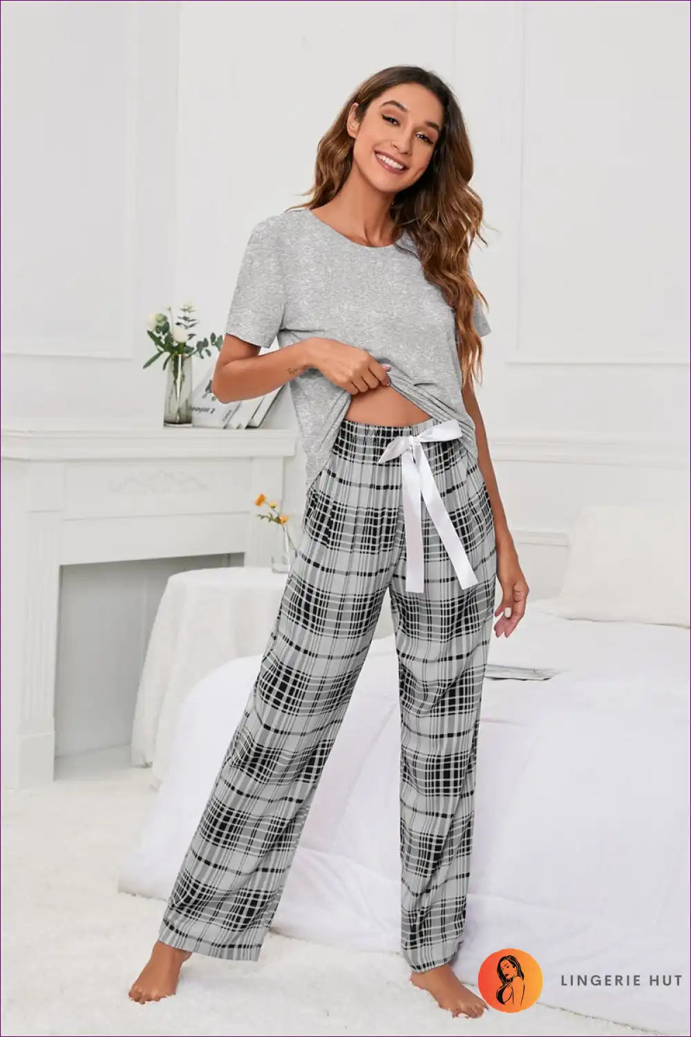 Embrace The Summer Vibes With Our Solid-colour T-print Checks Pyjama Set. This Loungewear Set, Featuring