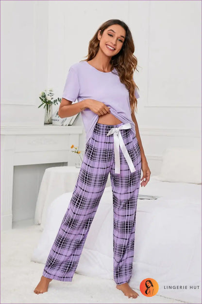 Embrace The Summer Vibes With Our Solid-colour T-print Checks Pyjama Set. This Loungewear Set, Featuring