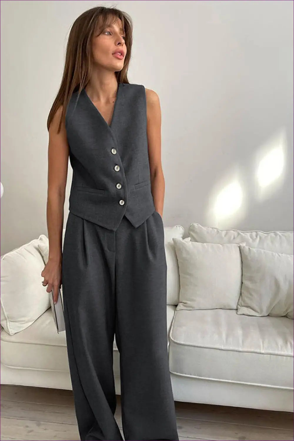 Sophisticated Gray Sleeveless Waistcoat & Pant Set That Takes You From Day To Night. Classic Fit, Functional