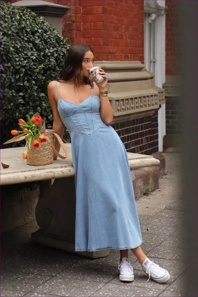 Denim Midi Dress with Spaghetti Straps - Effortless City Cool