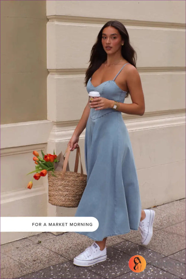 Denim Midi Dress with Spaghetti Straps - Effortless City Cool