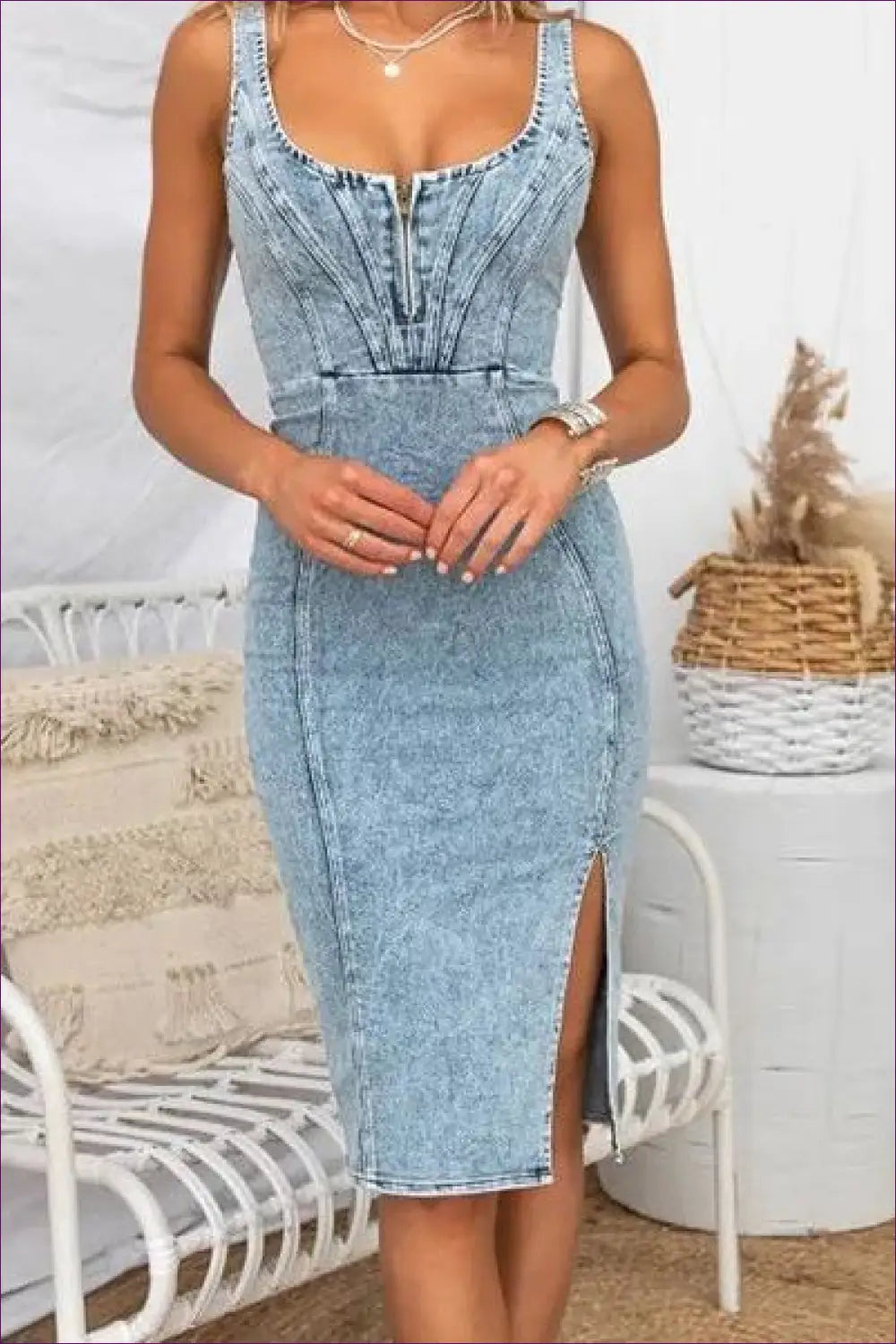 Spaghetti Strap Denim Midi Dress - Effortless Summer Cool - s / Blue - Dresses - Lingerie Hut - Bodycon • Casual