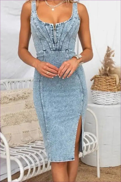 Spaghetti Strap Denim Midi Dress - Effortless Summer Cool - s / Blue - Dresses - Lingerie Hut - Bodycon • Casual