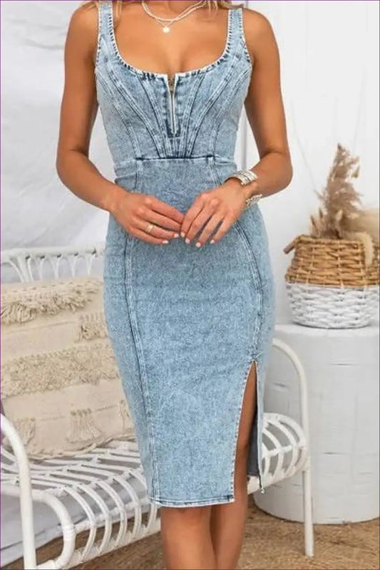 Spaghetti Strap Denim Midi Dress - Effortless Summer Cool - s / Blue - Dresses - Lingerie Hut - Bodycon • Casual