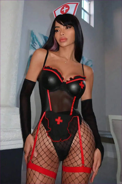 Spaghetti Strap Mesh Nurse Bodysuit for Dress-up Evenings Bodysuit, Costume, Evening Wear, just In, Lingerie