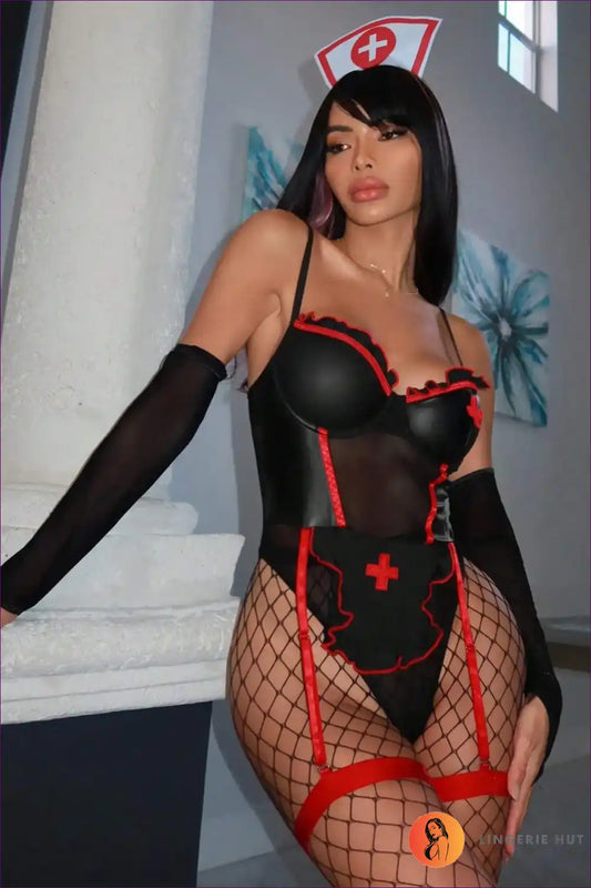 Spaghetti Strap Mesh Nurse Bodysuit for Dress-up Evenings Bodysuit, Costume, Evening Wear, just In, Lingerie