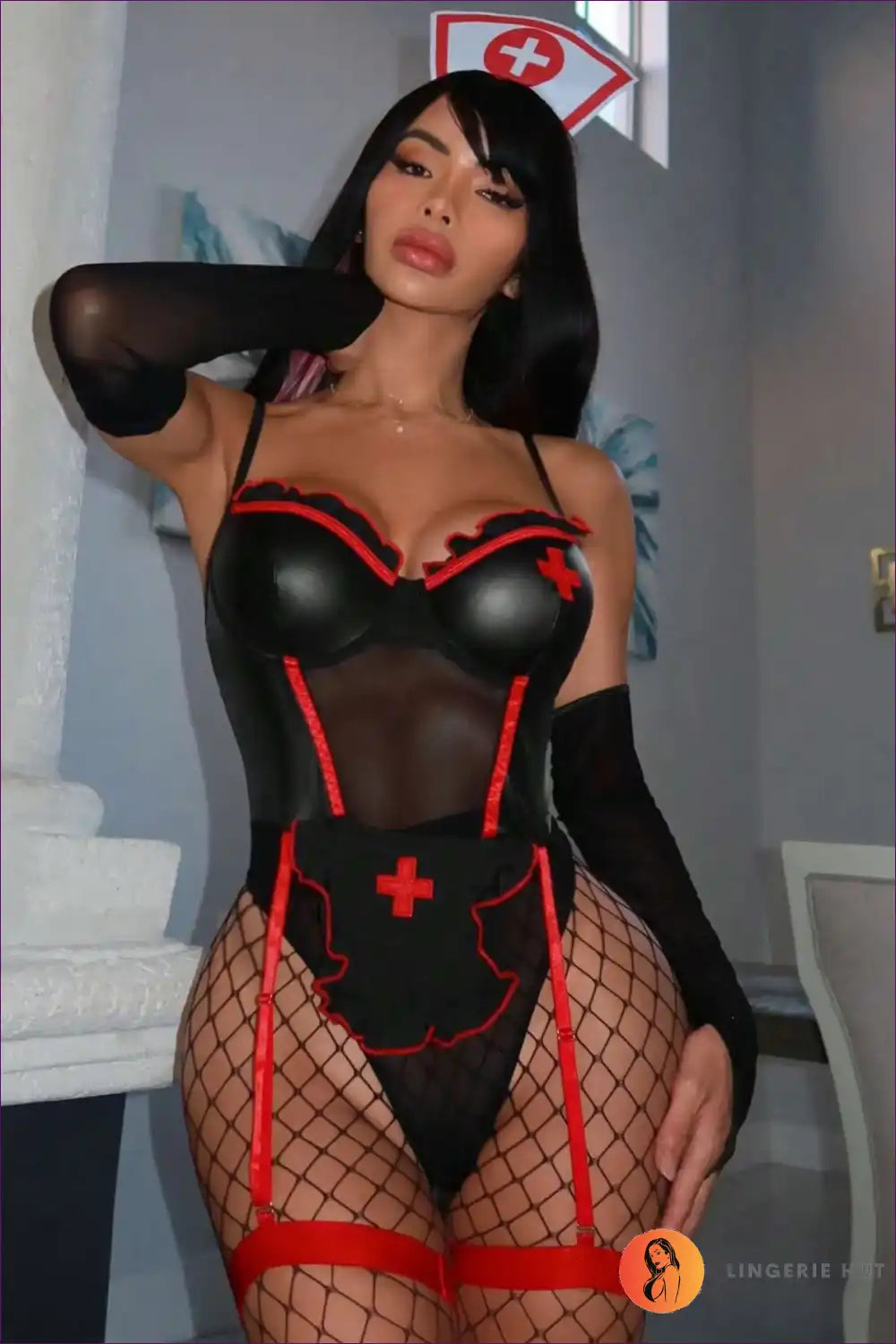 Spaghetti Strap Mesh Nurse Bodysuit for Dress-up Evenings Bodysuit, Costume, Evening Wear, just In, Lingerie
