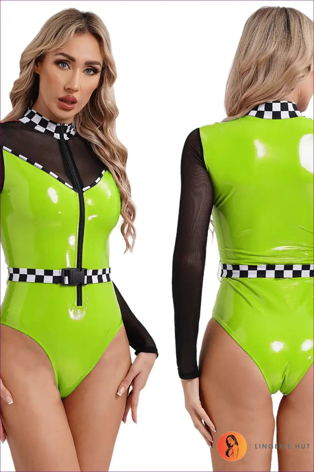 Speed Racer Checkerboard Zipper Bodysuit for Bodysuit, Costume, Halloween, Leather, Mesh