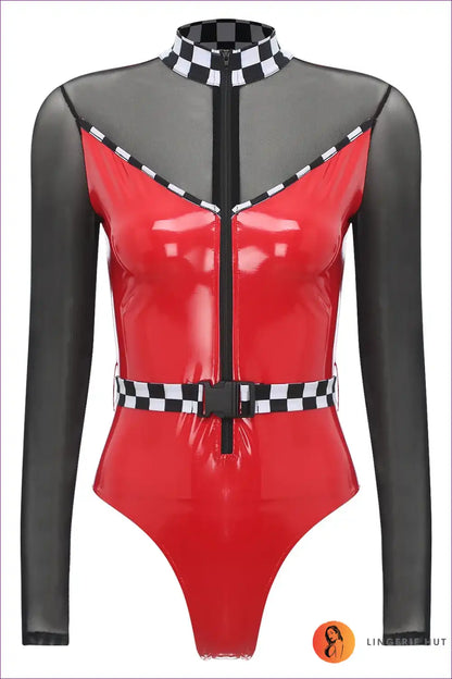 Speed Racer Checkerboard Zipper Bodysuit for Bodysuit, Costume, Halloween, Leather, Mesh
