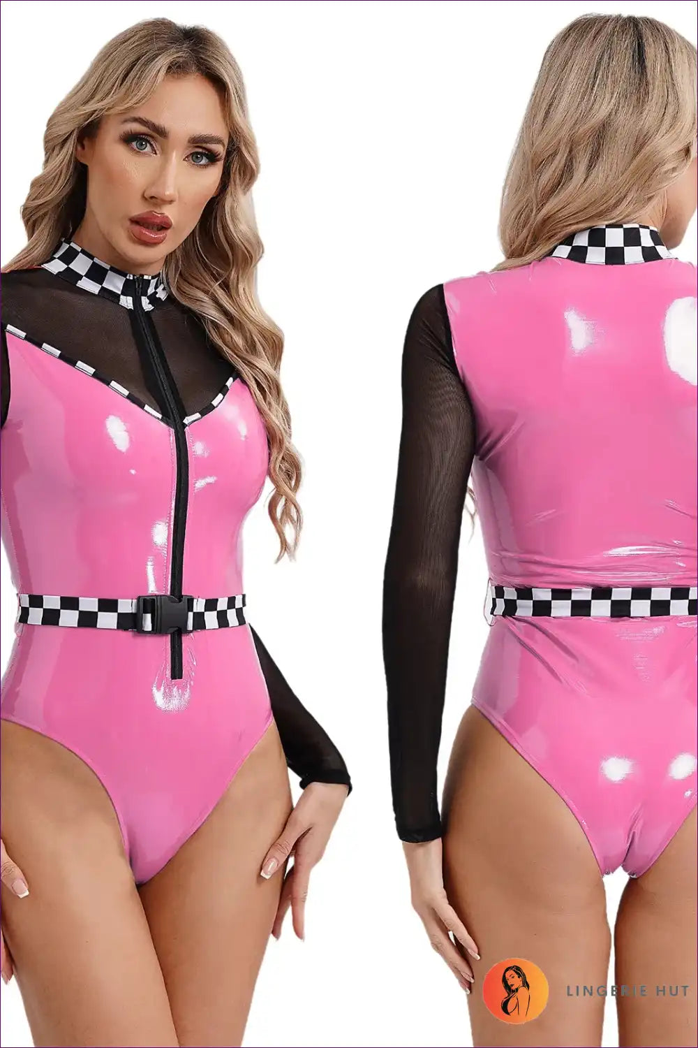 Speed Racer Checkerboard Zipper Bodysuit for Bodysuit, Costume, Halloween, Leather, Mesh