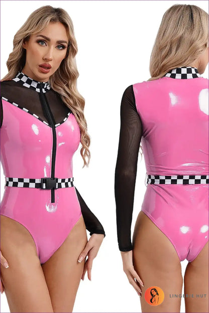 Speed Racer Checkerboard Zipper Bodysuit for Bodysuit, Costume, Halloween, Leather, Mesh