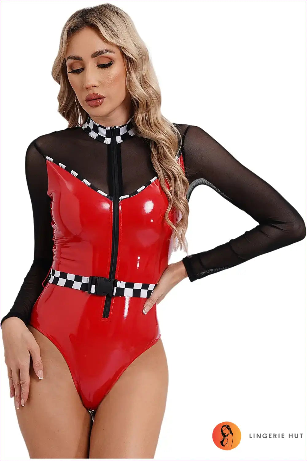 Speed Racer Checkerboard Zipper Bodysuit for Bodysuit, Costume, Halloween, Leather, Mesh