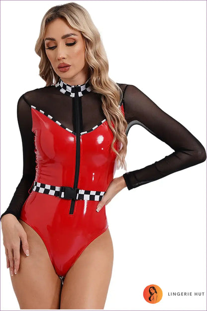 Speed Racer Checkerboard Zipper Bodysuit for Bodysuit, Costume, Halloween, Leather, Mesh