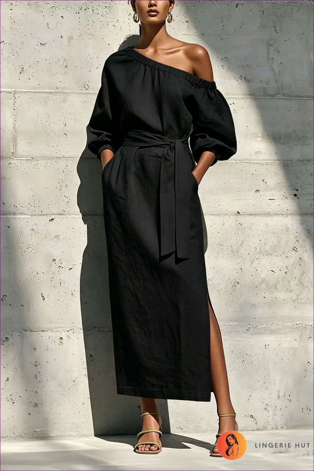 Split Dress with Side Pocket Detail - Sunlit Ease - s / Black - Casual • Cotton • Dresses • Everyday - Lingerie Hut
