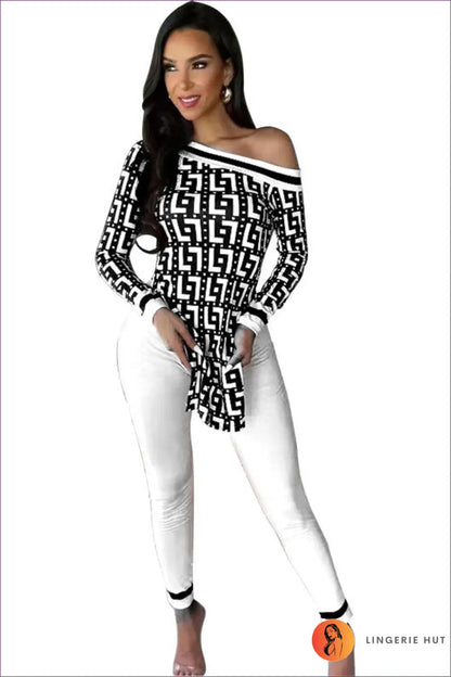 Captivate Your Allure With Lingerie Hut’s Split Off-shoulder Geometric Top. Slim Fit Meets Long Sleeves For