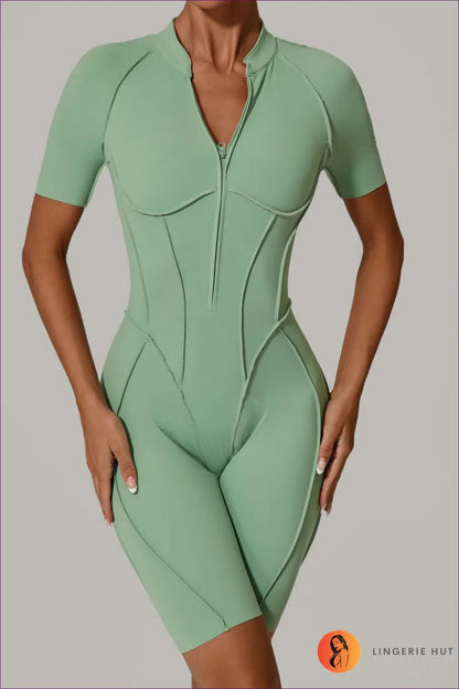 Sporty Short-sleeve Jumpsuit with Zipper - Effortless Movement - s / Green Beans - Lingerie Hut - Activewear • Backless