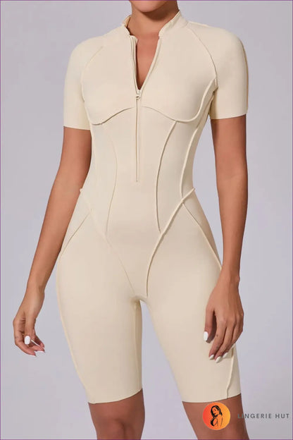 Sporty Short-sleeve Jumpsuit with Zipper - Effortless Movement - s / Yellow - Lingerie Hut - Activewear • Backless