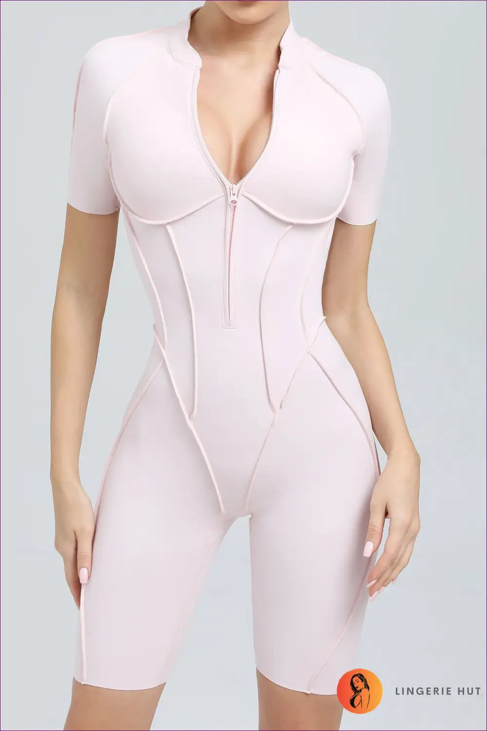 Sporty Short-sleeve Jumpsuit with Zipper - Effortless Movement - s / Ballet Powder - Lingerie Hut - Activewear
