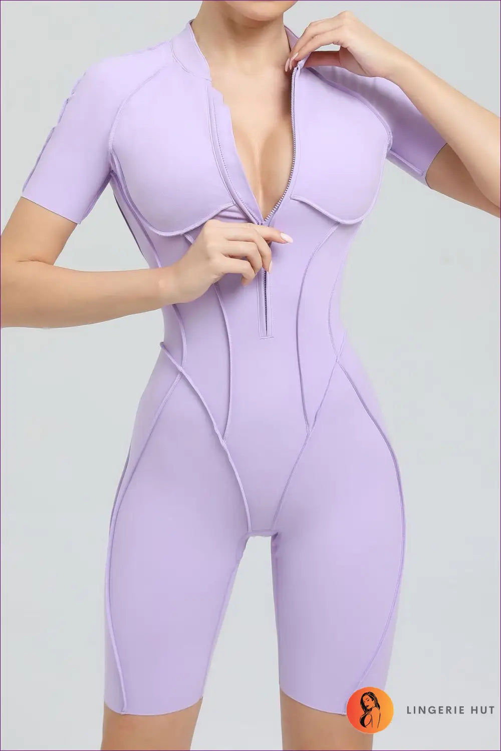 Sporty Short-sleeve Jumpsuit with Zipper - Effortless Movement - s / Lavender Purple - Lingerie Hut - Activewear