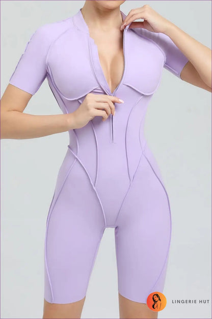 Sporty Short-sleeve Jumpsuit with Zipper - Effortless Movement - s / Lavender Purple - Lingerie Hut - Activewear