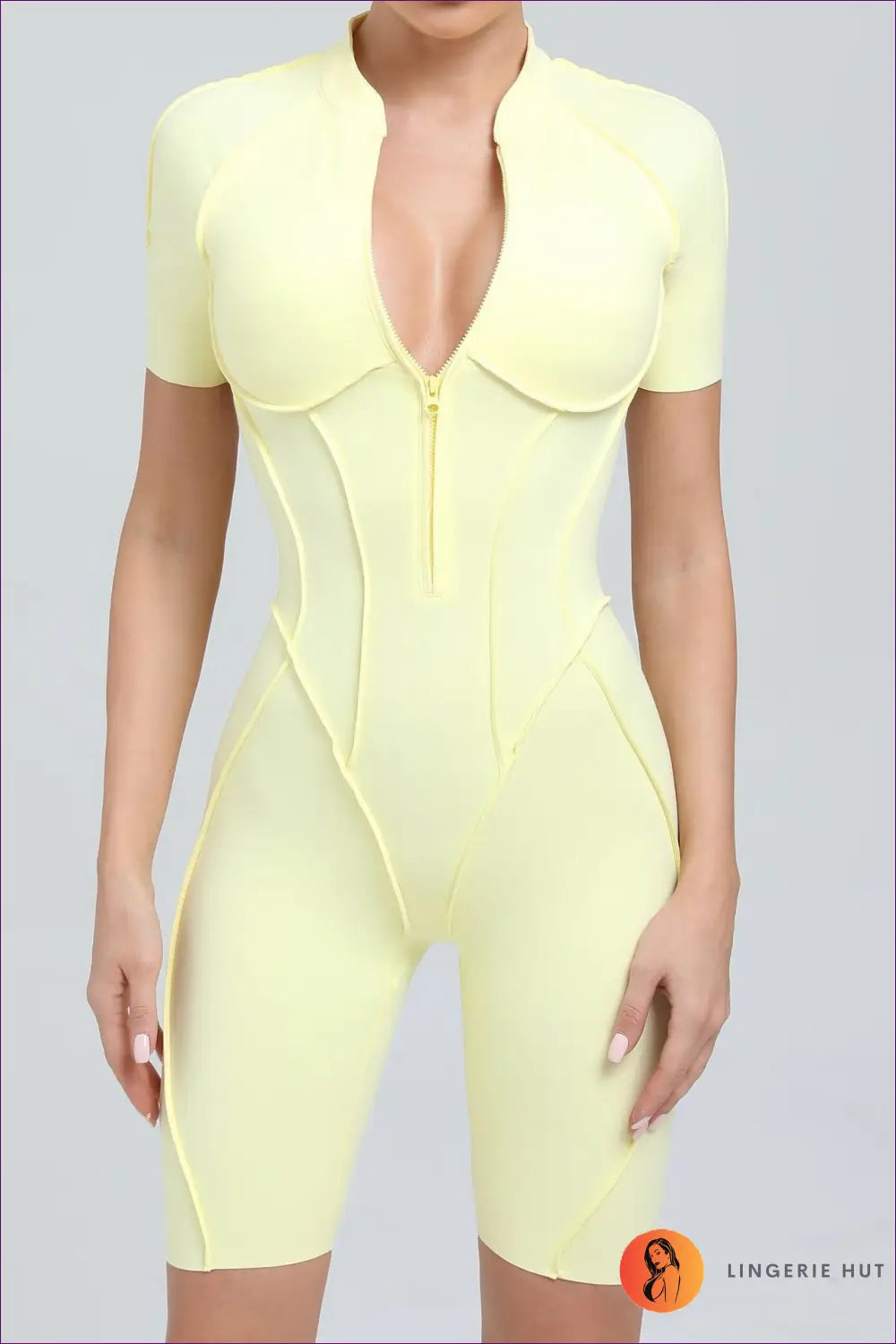 Sporty Short-sleeve Jumpsuit with Zipper - Effortless Movement - s / Lemon Yellow - Lingerie Hut - Activewear