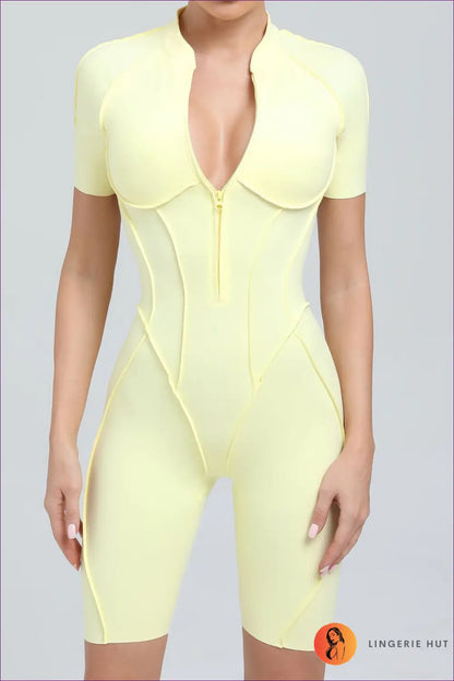 Sporty Short-sleeve Jumpsuit with Zipper - Effortless Movement - s / Lemon Yellow - Lingerie Hut - Activewear