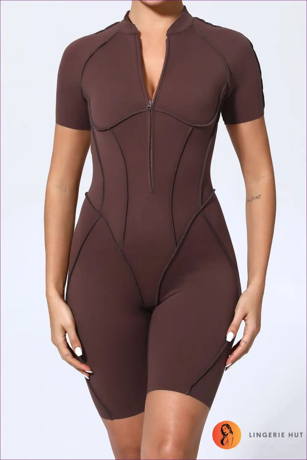 Sporty Short-sleeve Jumpsuit with Zipper - Effortless Movement - s / Coffee - Lingerie Hut - Activewear • Backless