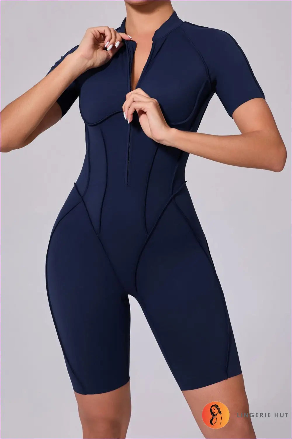 Sporty Short-sleeve Jumpsuit with Zipper - Effortless Movement - s / Navy Blue - Lingerie Hut - Activewear • Backless