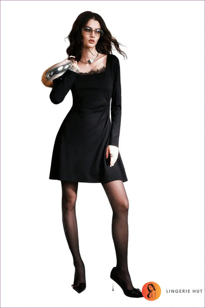 Square Neck A-line Mini Dress with Lace - Understated Glamour - s / Black - Dresses - Lingerie Hut - Autumn • Casual