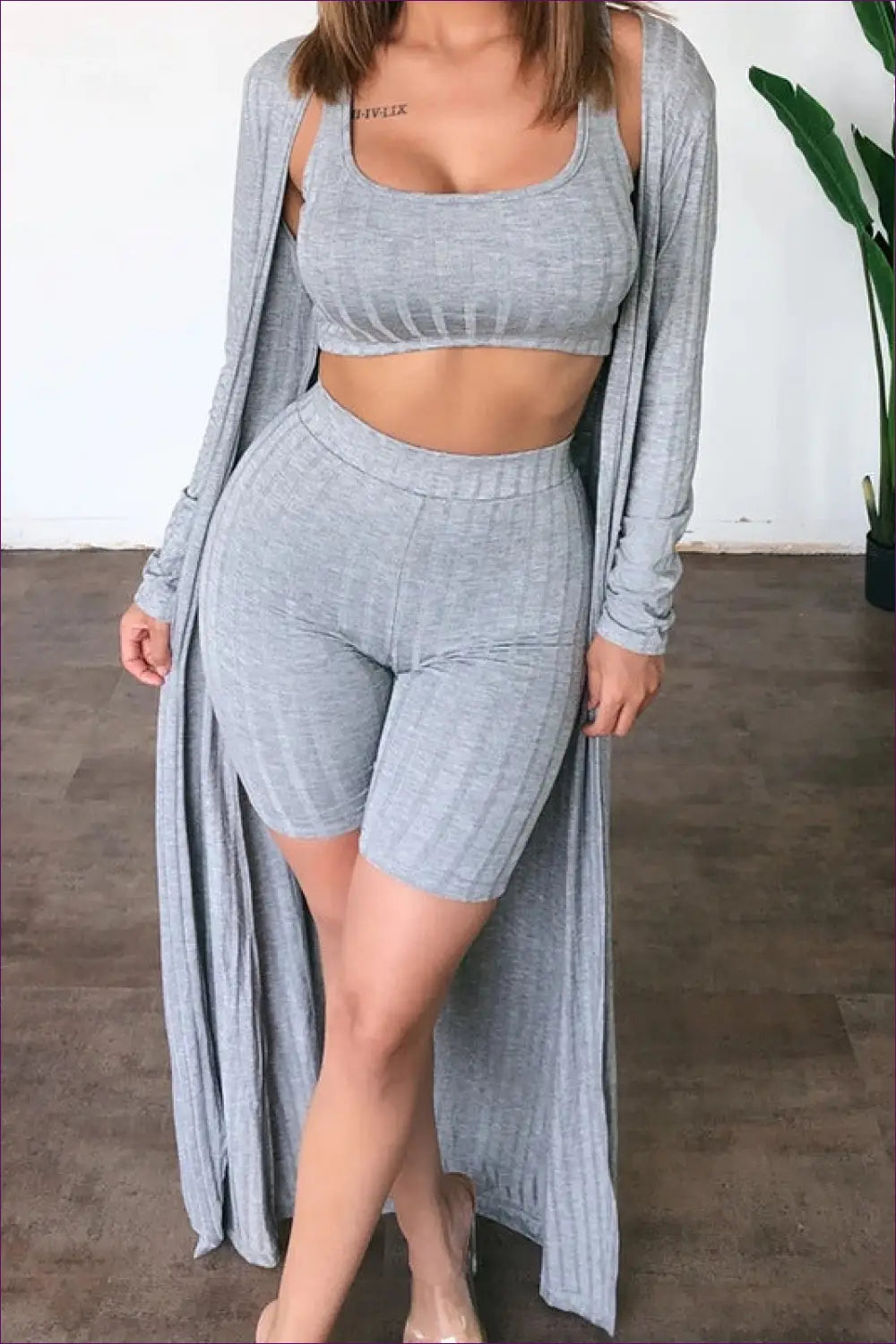 Square Neck Long Sleeve co Ord Set - Effortless Elegance - s / Gray - Clothing • Crop Top • Date Night • Loungewear