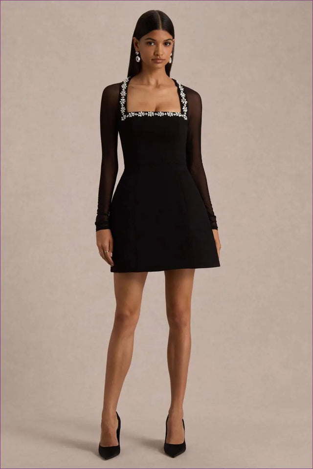Square Neck Mesh Mini Dress with Rhinestone Trim - Elegant