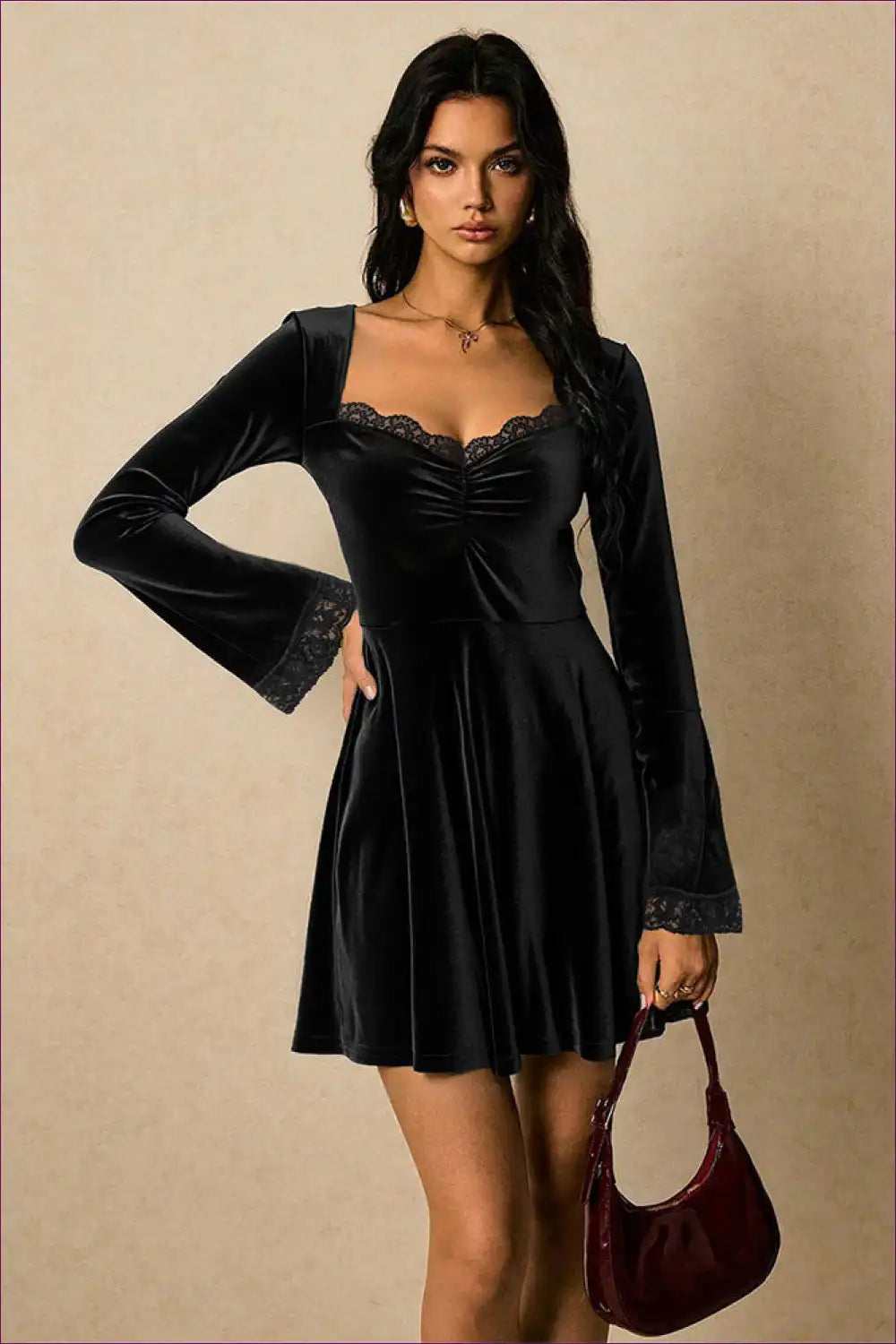 Square Neck Velvet A-line Dress with Flared Cuffs - Moody Elegance for a Line, Autumn, Casual, Dress, Evening