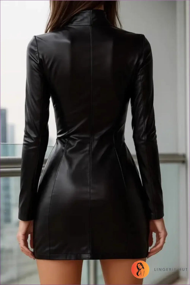 Stand Collar Leather Dress with Statement Zip - Sleek Night Out