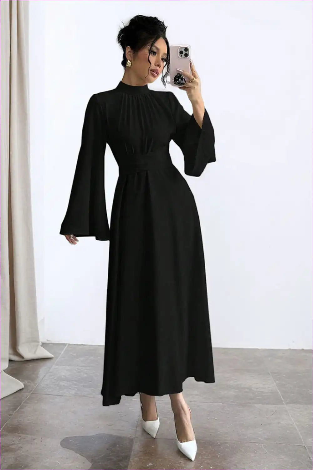 Stand Collar Maxi Dress with Bell Sleeves - Timeless Grace for Autumn, Boho, Dresses, Everyday, Formal Wear