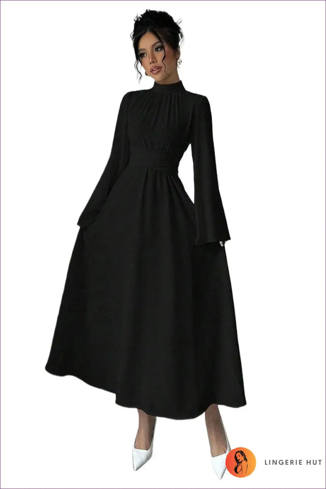 Stand Collar Maxi Dress with Bell Sleeves - Timeless Grace