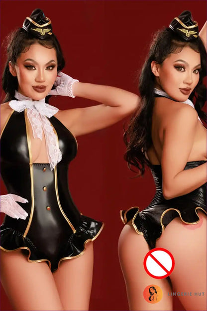 Stewardess Costume with Glossy Leather Finish - Bold Confidence for Boudoir, Clubwear, Costume, Evening Wear,
