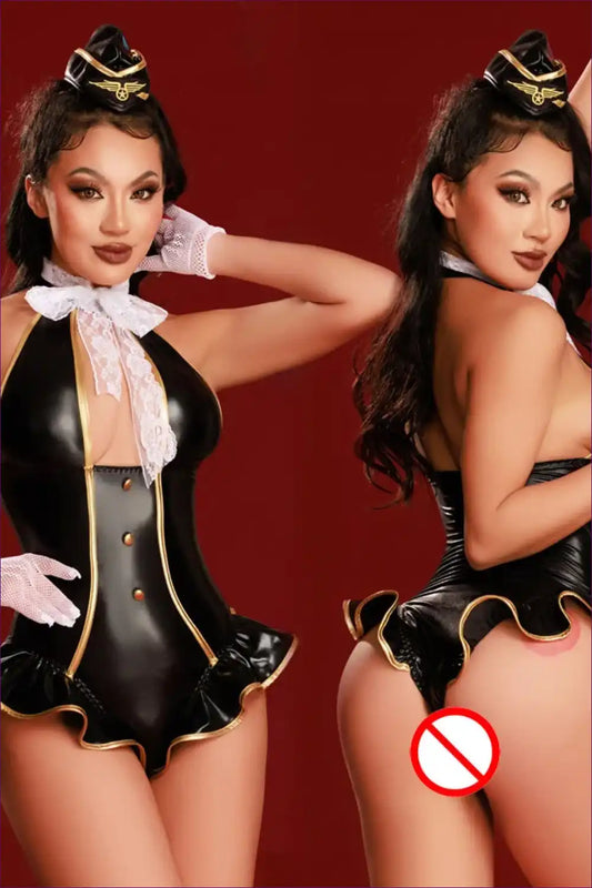 Stewardess Costume with Gold Trim Bodysuit - Playful Confidence for Bodysuit, Costume, Glamour, just In, Mini