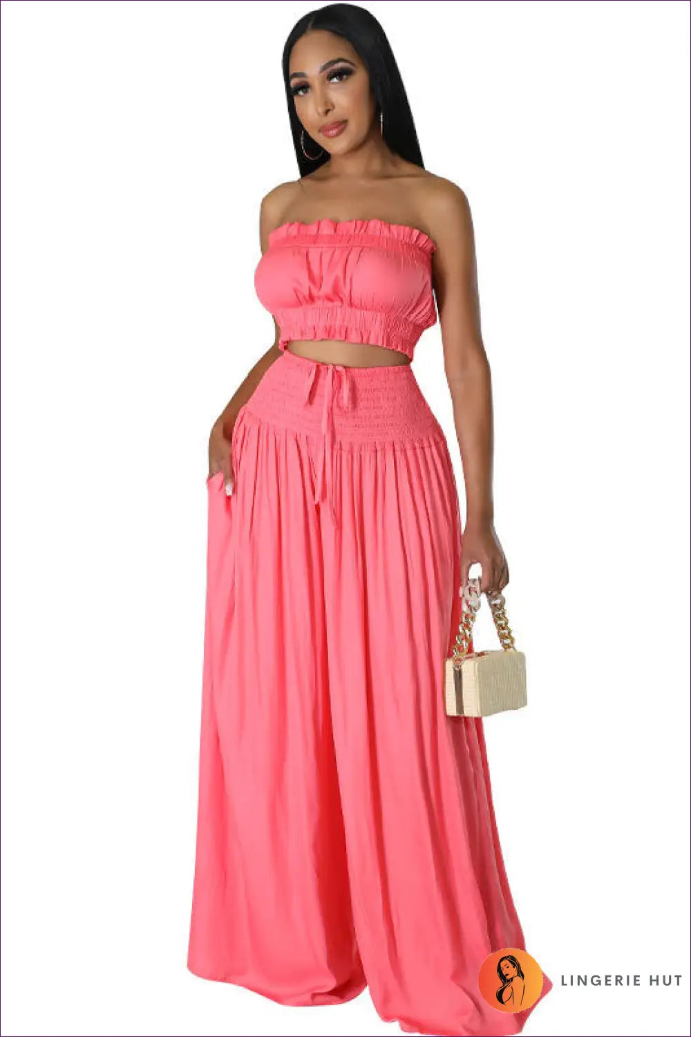 Strapless Crop Top & Ruffle Pants co Ord Set - Effortless Elegance - s / Red - Clothing - Lingerie Hut - Casual