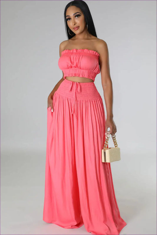 Strapless Crop Top & Ruffle Pants co Ord Set - Effortless Elegance - Clothing - Lingerie Hut - Casual • Cutout