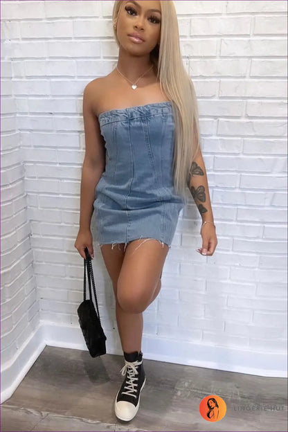 Strapless Denim Bodycon Mini Dress - After-dark Ready - Dresses - Lingerie Hut - Backless • Clubwear • Cotton • Cutout