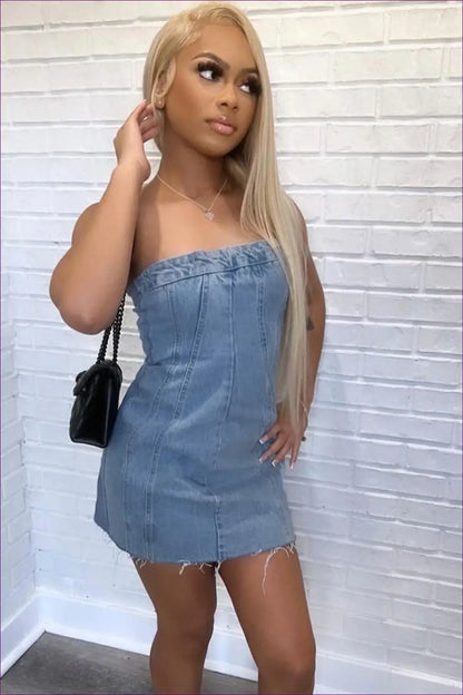 Strapless Denim Bodycon Mini Dress - After-dark Ready - Dresses - Lingerie Hut - Backless • Clubwear • Cotton • Cutout