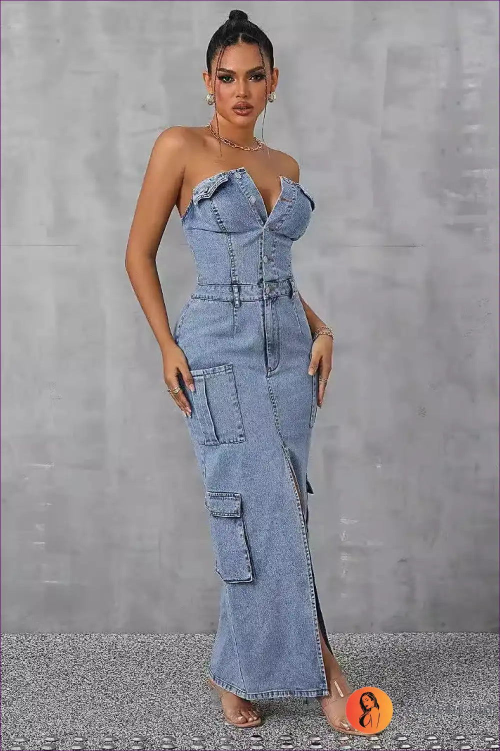 Strapless Denim Maxi Dress – Edgy & Chic for Bodycon, Casual, Denim, Dress,